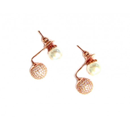 Pendientes dobles de plata y perla con pavonado de circonitas acabado bronce - A-14463-R