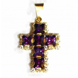 Cruz de oro de 18 kl con circonitas y amatistas - 15508