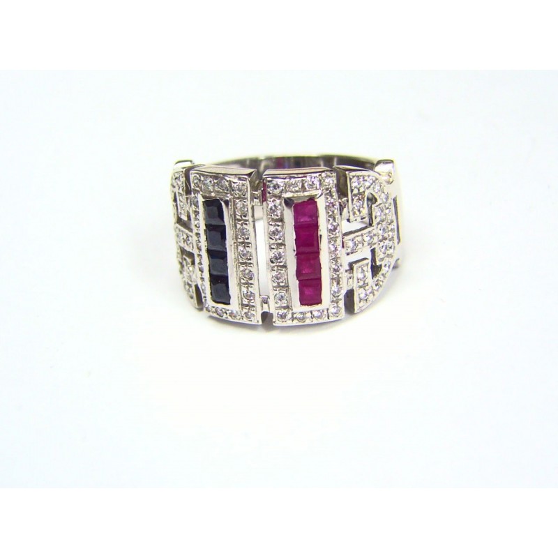 Anillo oro blanco con rubís,zafiros y circonitas.102489