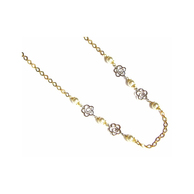 Collar de oro bicolor con perlas y flores  - 28719