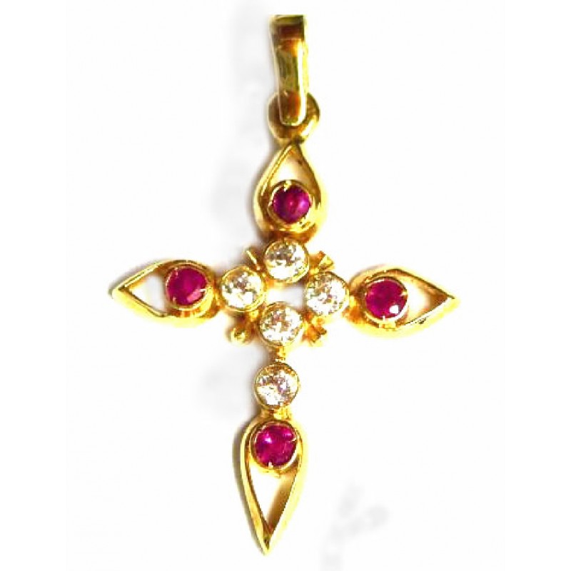 Cruz de oro de 18 kl con circonitas y rubíes - 13