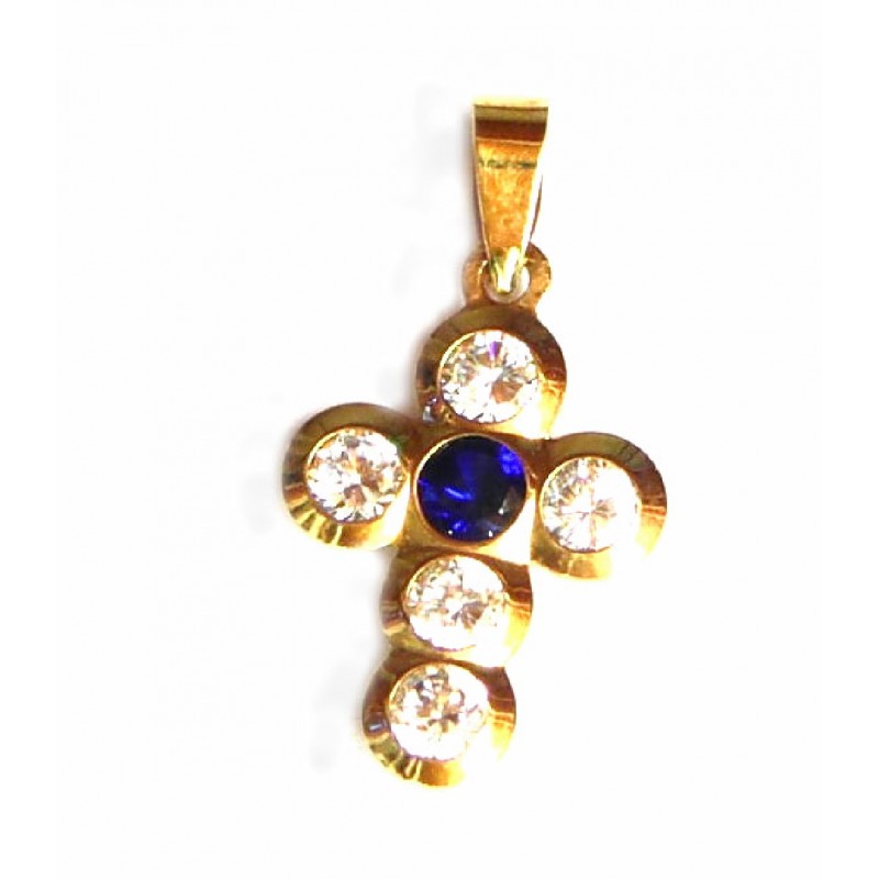 Cruz de oro de 18 kl con circonitas y zafiro - -8774-G