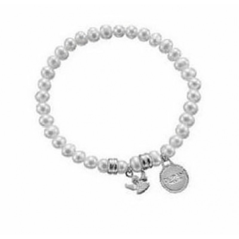 Pulsera de perlas naturales con medalla y angelito  de plata de Pedro Durán.  - 00504900