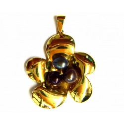 Colgante flor de oro de 18 kl macizo con tres perlas grises - 62834
