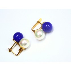 Pendientes de oro con perla blanca y bola azul 10-