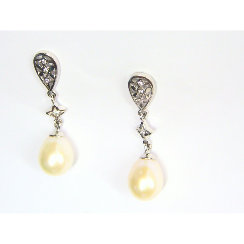 Pendientes de oro blanco con circonitas  y perla cultivada - 139688