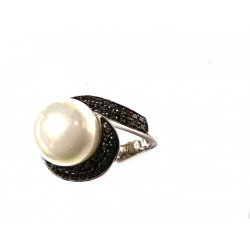 Anillo plata con perla blanca y piedras negras
