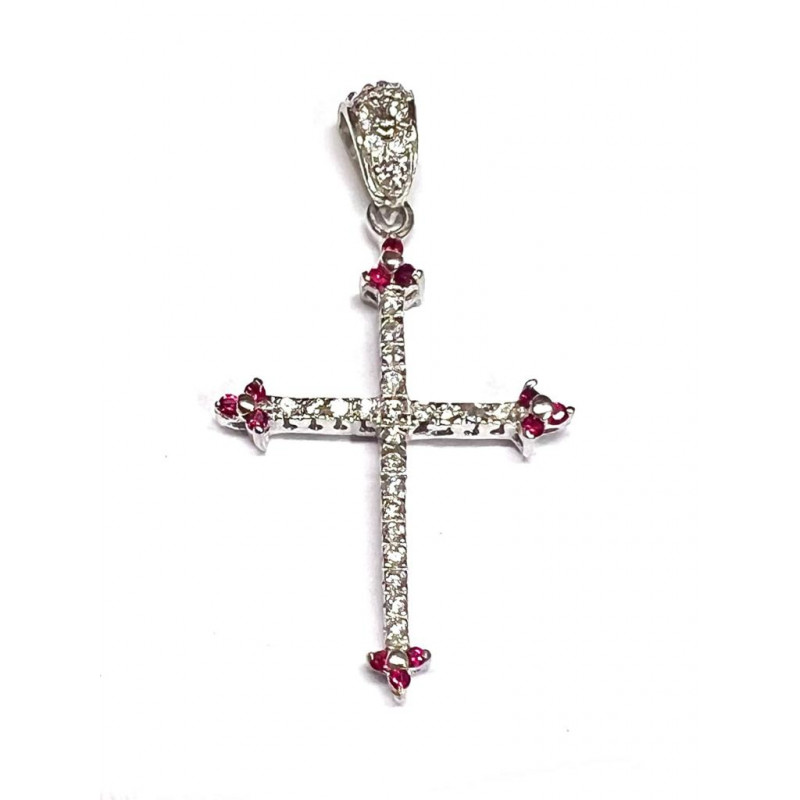 Cruz de oro blanco con circonitas blancas y rubíes - 31303