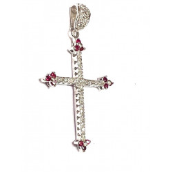 Cruz de oro blanco con circonitas blancas y rubíes - 31303