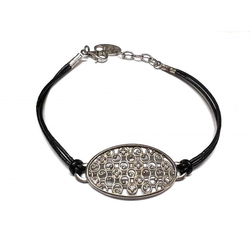 Pulsera plata con circonitas y cuero