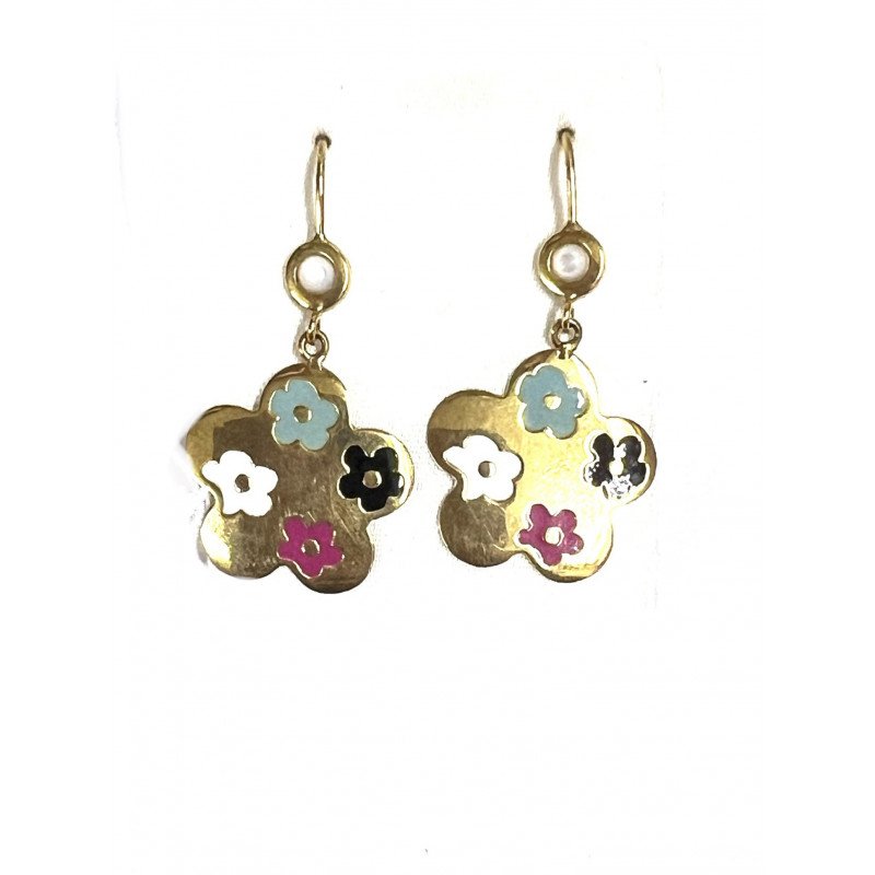Pendientes  oro flores con esmalte - 203554