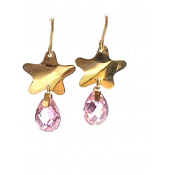 Pendientes oro colgar con estrella y piedra natural rosa