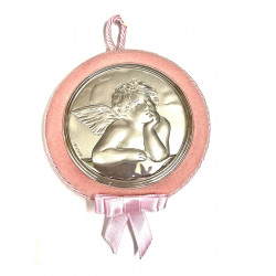 Medalla de Cuna redonda rosa  con ángel plateado