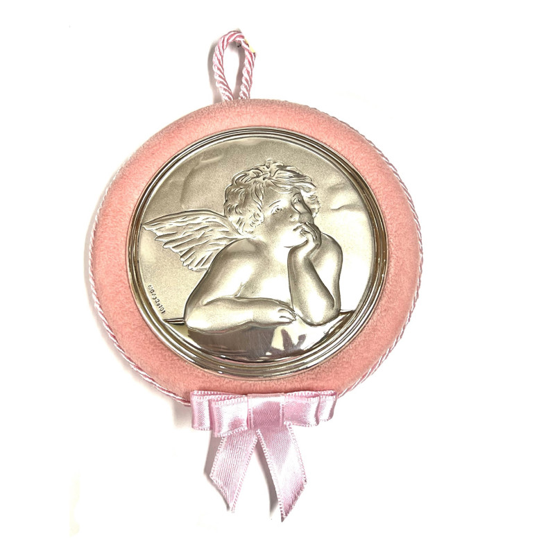 Medalla de Cuna redonda rosa con ángel plateado