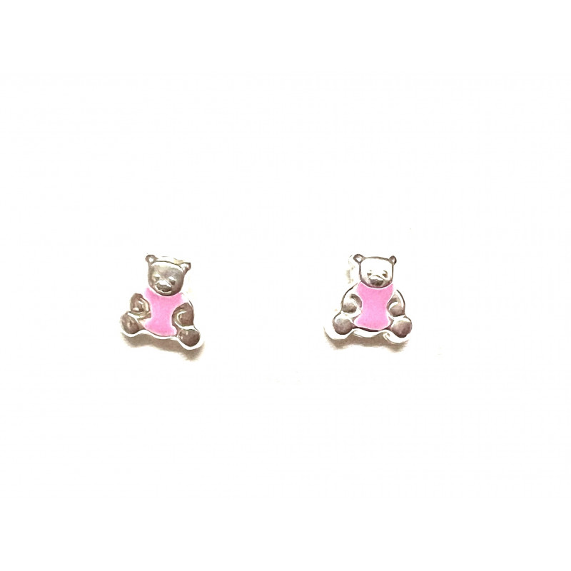 Pendientes plata oso con esmalte rosa y cierre de rosca.