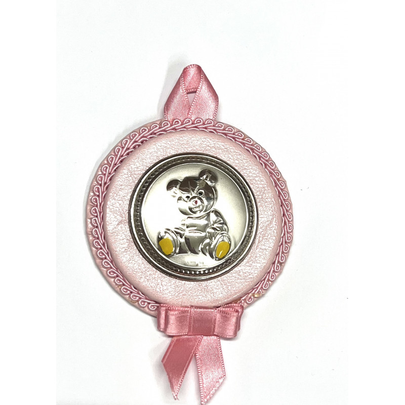 Medalla redonda rosa con oso en plata y esmalte