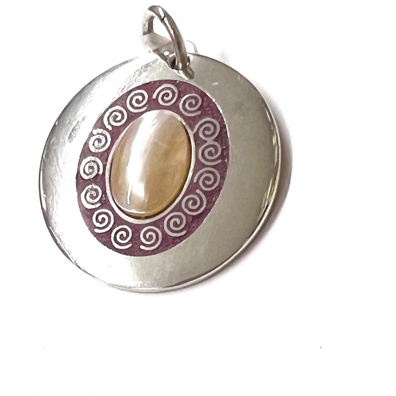 Colgante  redondo de plata ,esmalte y nácar