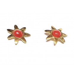 Pendientes oro flor  con centro rojo coral