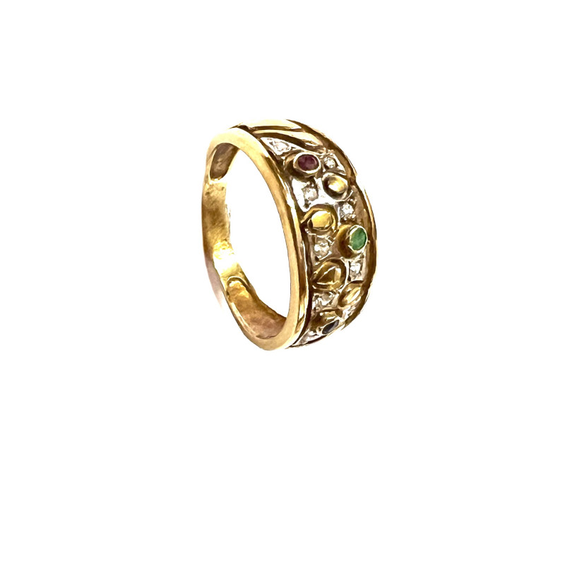 Anillo de oro bicolor con esmeralda, rubí y zafiro 110A