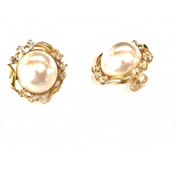 Pendientes de oro  con perla blanca, circonitas y cierre de presión