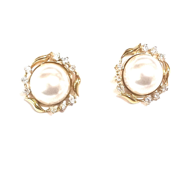 Pendientes de oro  con perla blanca, circonitas y cierre de presión
