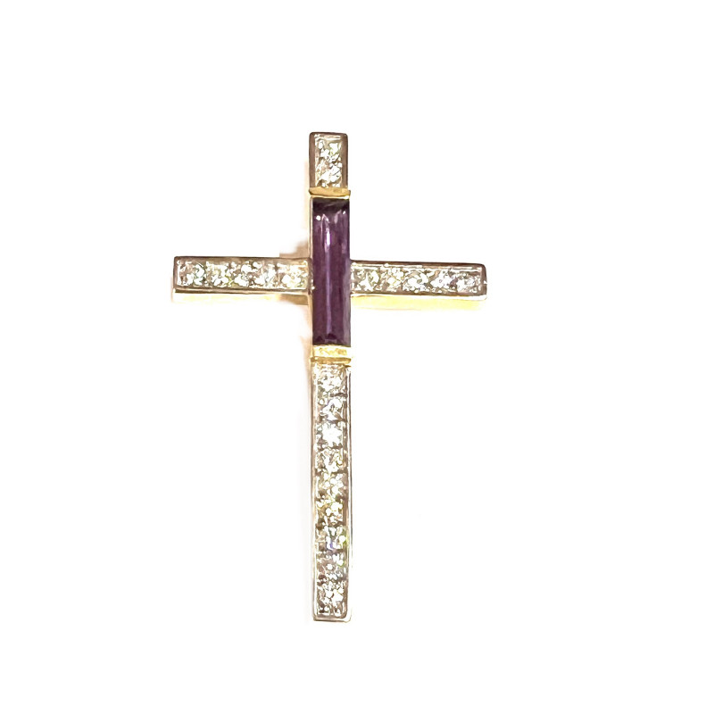 Cruz de oro   con piedra central en color amatista y circonitas blancas - 90906