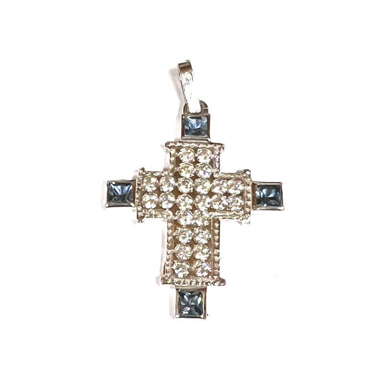 Cruz  oro blanco  con circonitas blancas y aguamarinas - 600155-18K