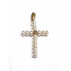 Cruz de oro amarillo con perlas y circonita -15393-C
