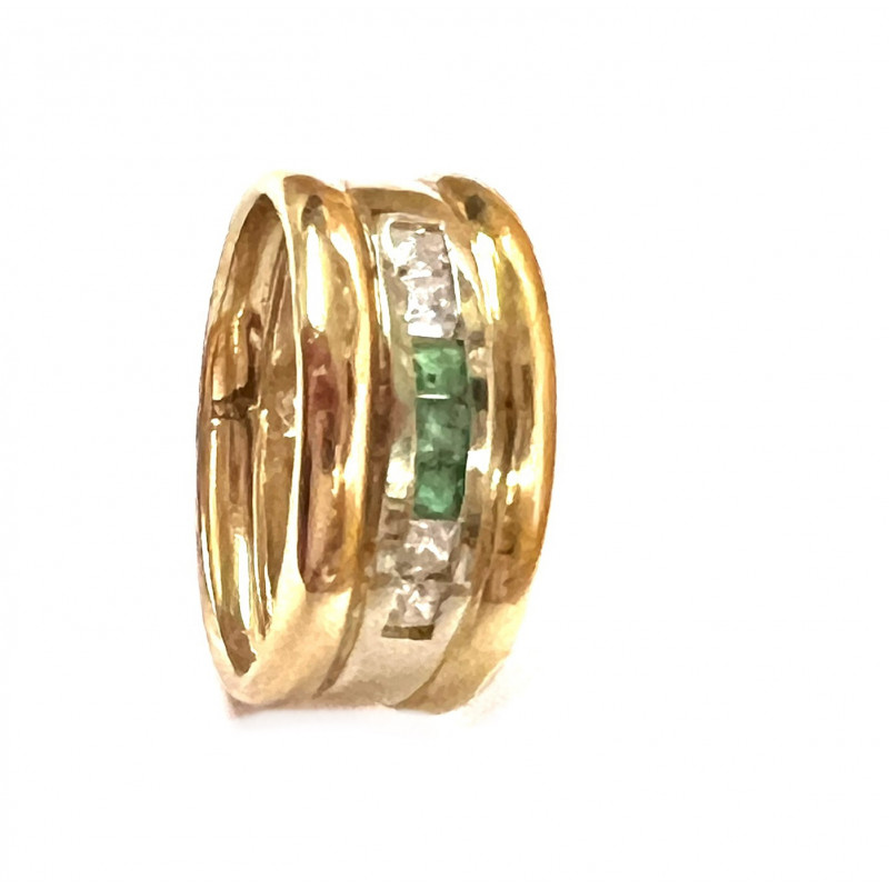 Anillo oro bicolor ancho con esmeraldas y circonitas