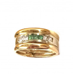 Anillo oro bicolor ancho con esmeraldas y circonitas