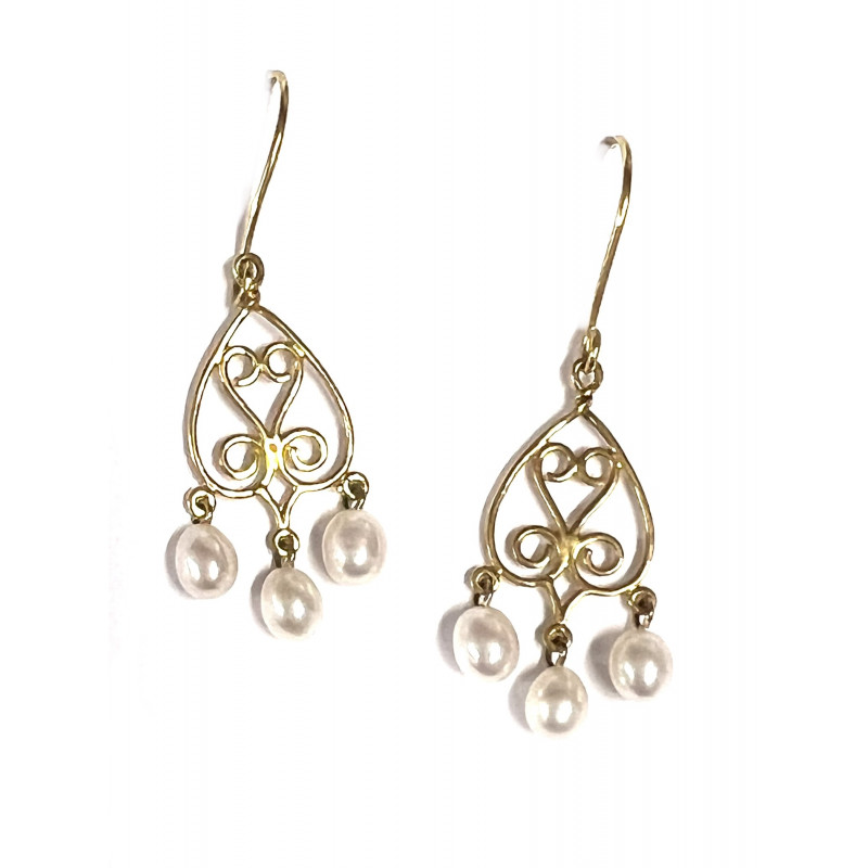 Pendientes largos oro  con perlas blancas 203741
