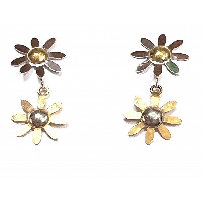 Pendientes de oro con dos flores bicolor  y cierre de presión - 11081