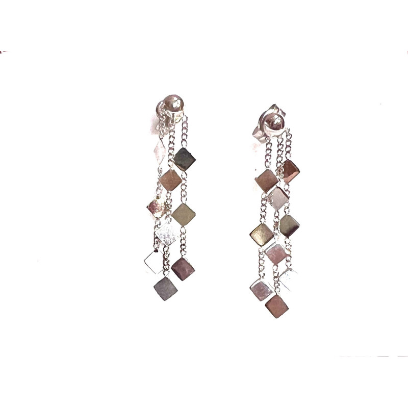 Pendientes largos de oro blanco con tres cadenas y cierre de presión