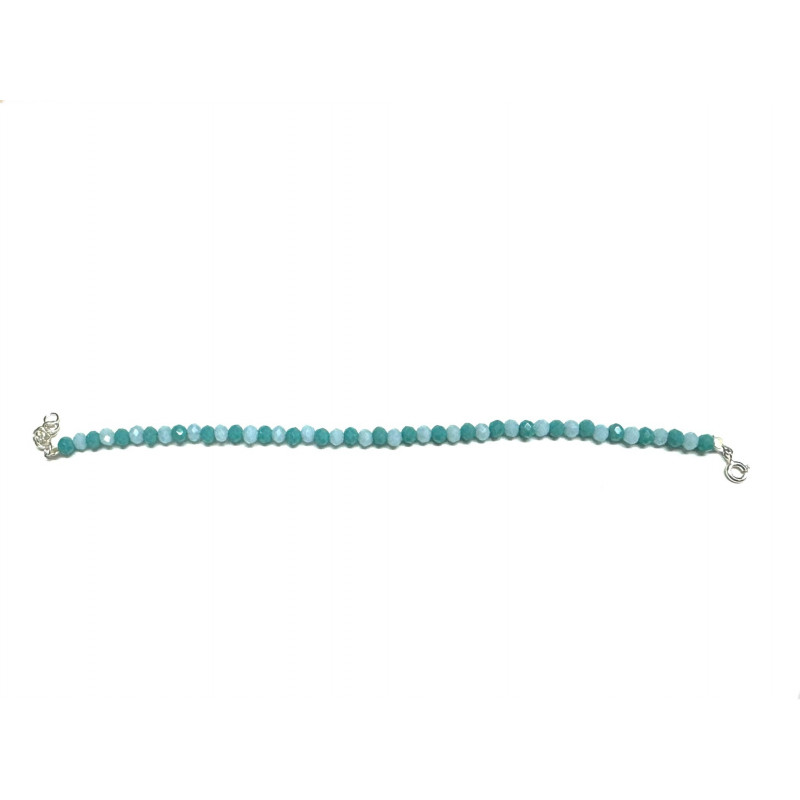 Pulsera bolas cristal en tonos azules con cierre y cadena alargadora de plata.
