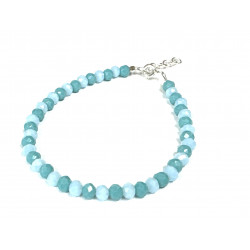 Pulsera bolas cristal en tonos azules con cierre y cadena alargadora de plata.